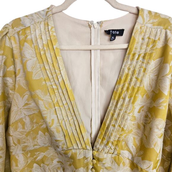 Fate Dress Women XL Peasant Sleeve Pintuck Deep Vneck Floral Mini Feminine Chic - Picture 3 of 10